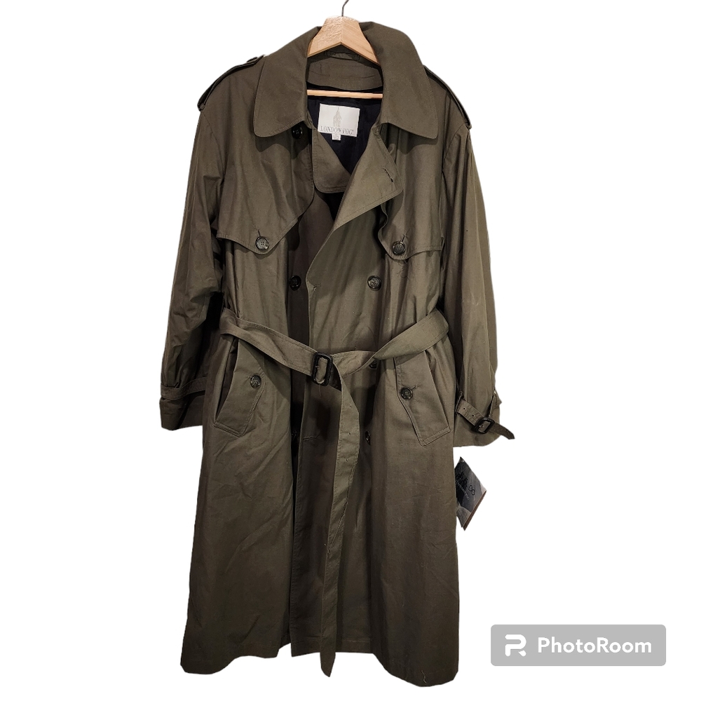 London Fog Trench Coat Olive Green Raincoat size 42 short with Liner New Vintage